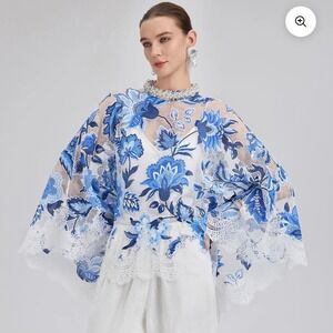 Rich Radi Q's Sz L Lace Jacquard Cape Top Blue Floral Sheer Blouse